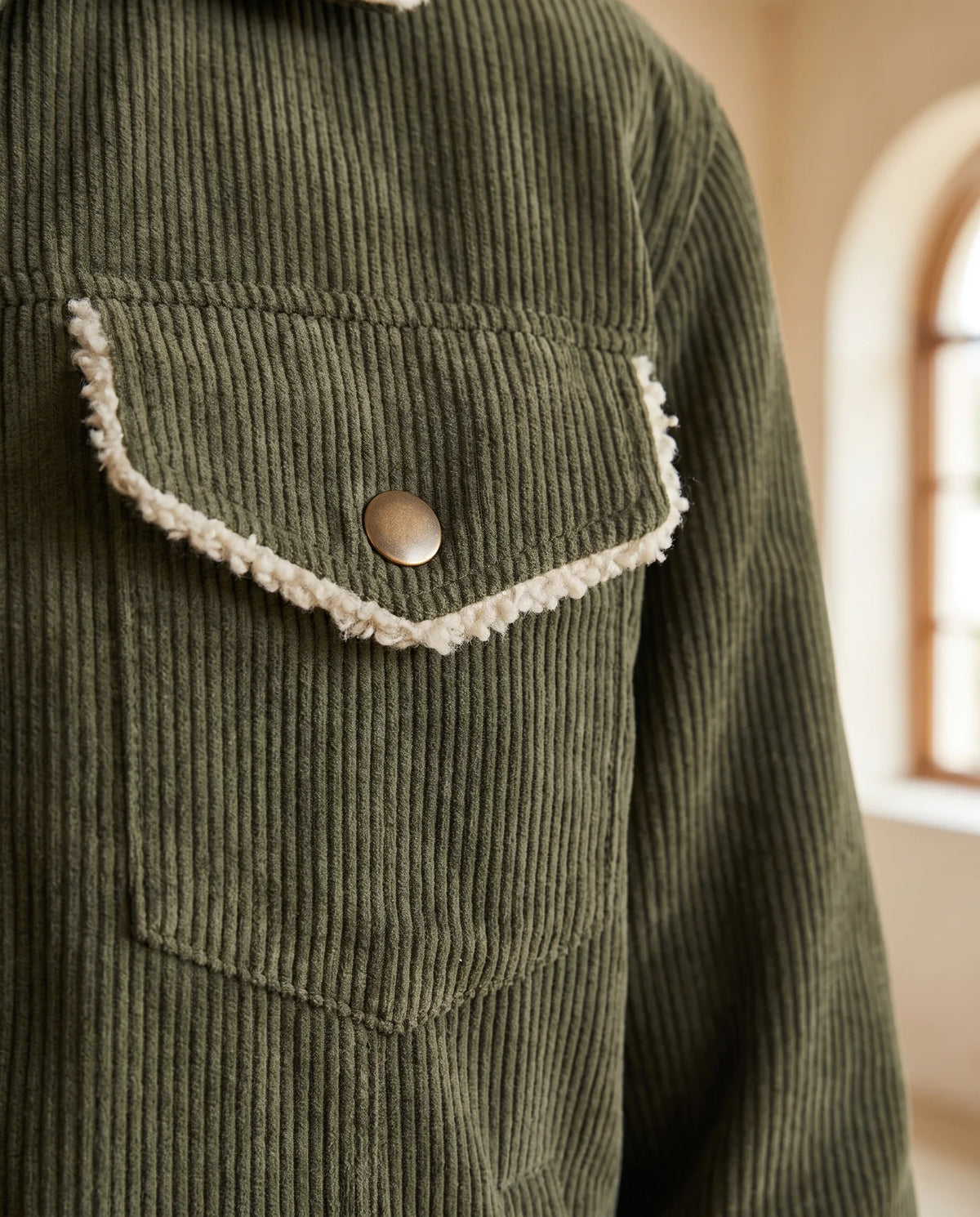 Sage Cropped Trucker Jacket with Plush Collar – Army Green — detail