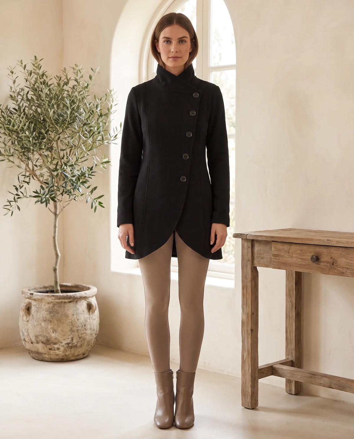 Simone Asymmetric Button Funnel Neck Coat for Women – Black — front
