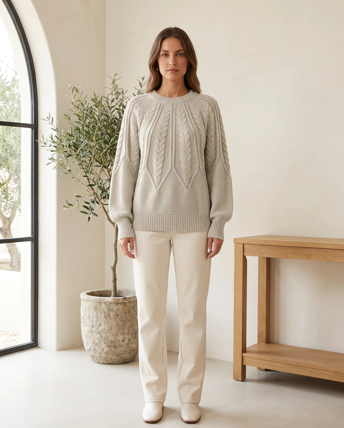 Isla Cable Knit Sweater for Women - Crew Neck Long Sleeve Jumper in Beige