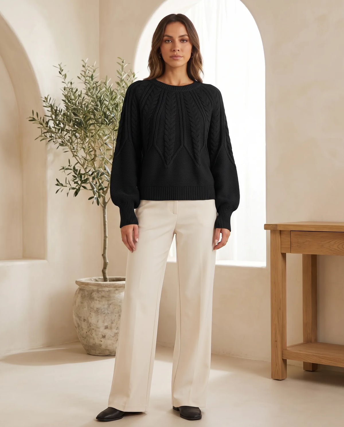 Isla Cable Knit Sweater for Women - Crew Neck Long Sleeve Jumper in Black