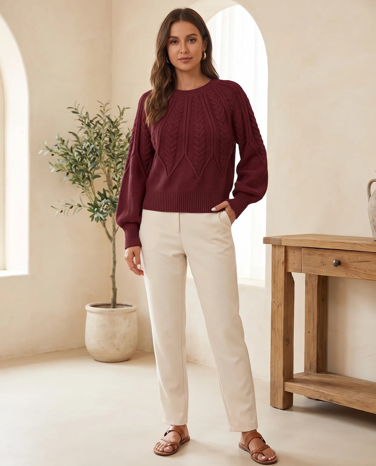 Isla Cable Knit Sweater for Women - Crew Neck Long Sleeve Jumper in Burgundy