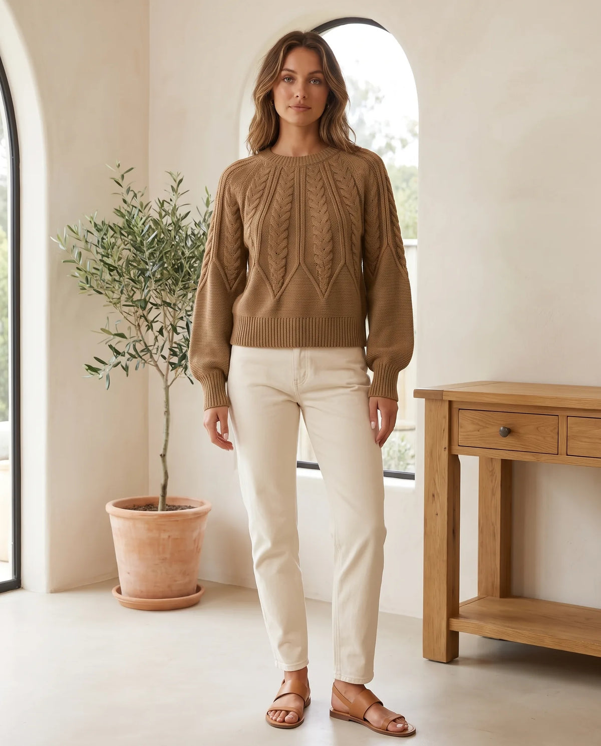 Isla Cable Knit Sweater for Women - Crew Neck Long Sleeve Jumper in Camel