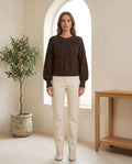 Isla Cable Knit Sweater for Women - Crew Neck Long Sleeve Jumper in Coffee Brown