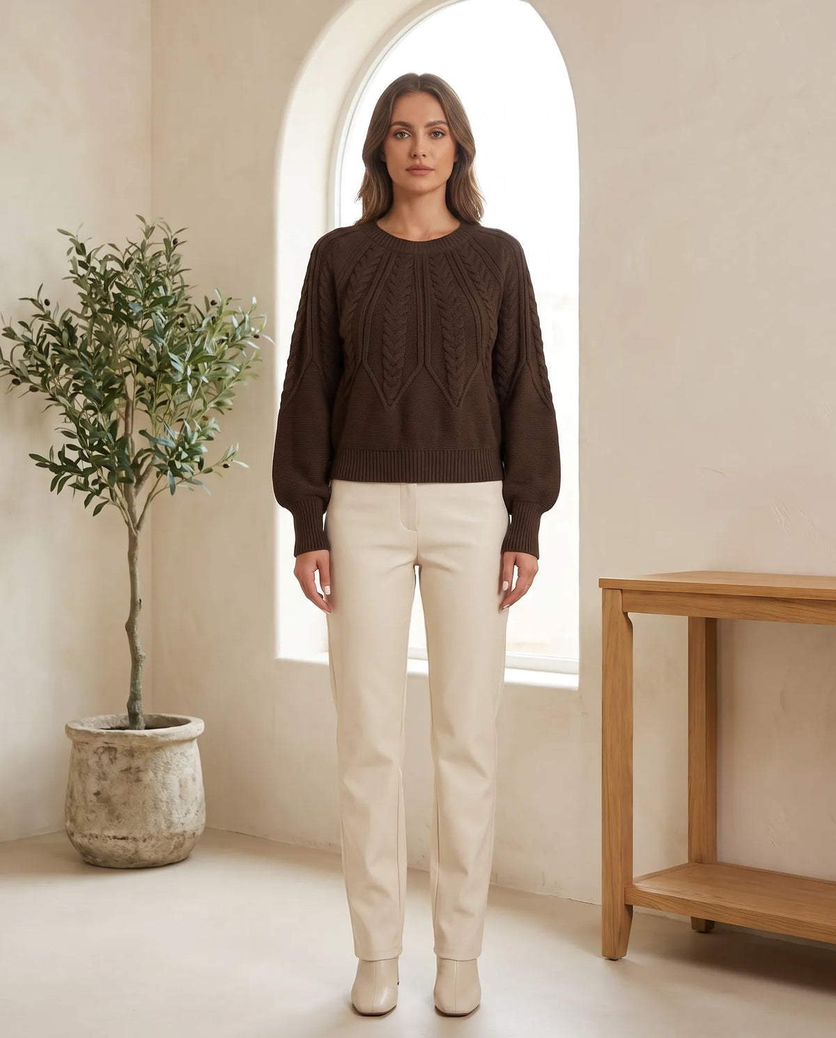 Isla Cable Knit Sweater for Women - Crew Neck Long Sleeve Jumper in Coffee Brown