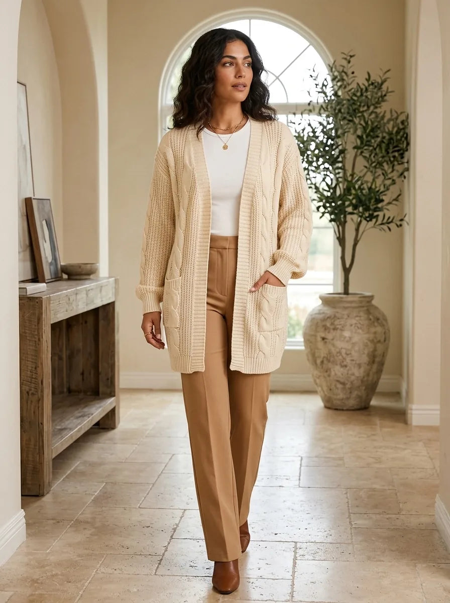 Juniper Chunky Cable Knit Cardigan for Women - Open Front Oversized with Patch Pockets in Beige