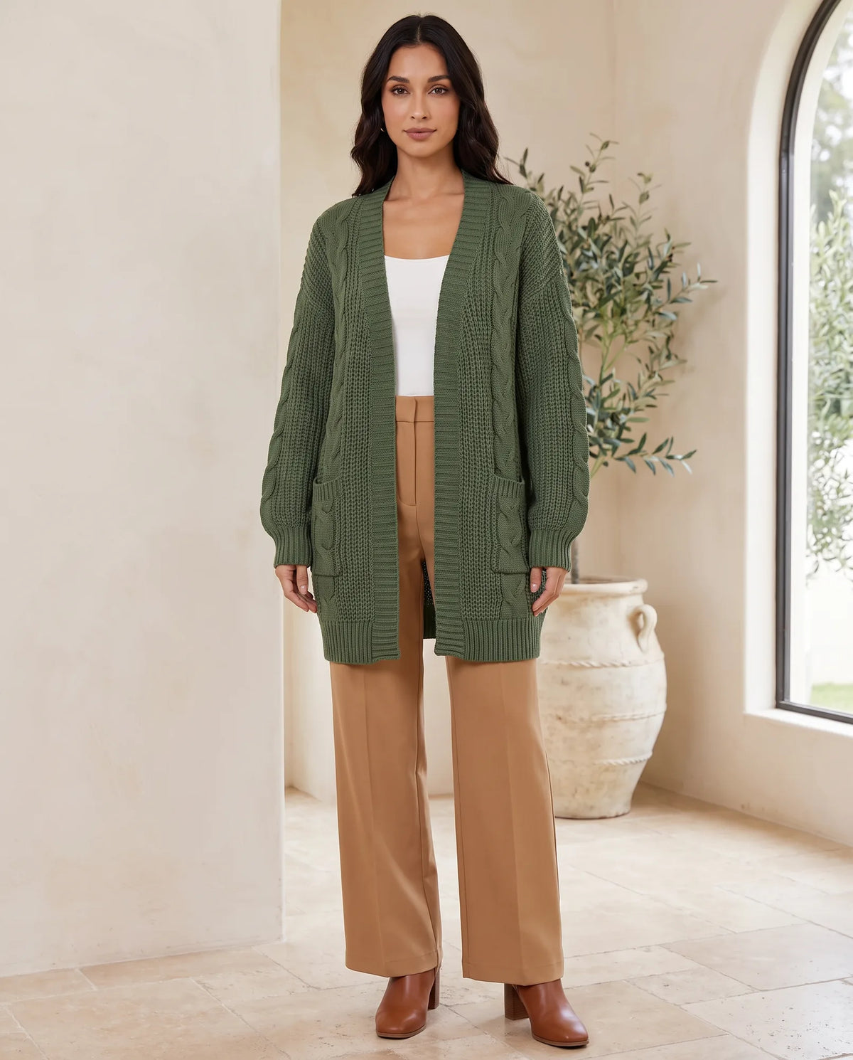 Juniper Chunky Cable Knit Cardigan for Women - Open Front Oversized with Patch Pockets in Green