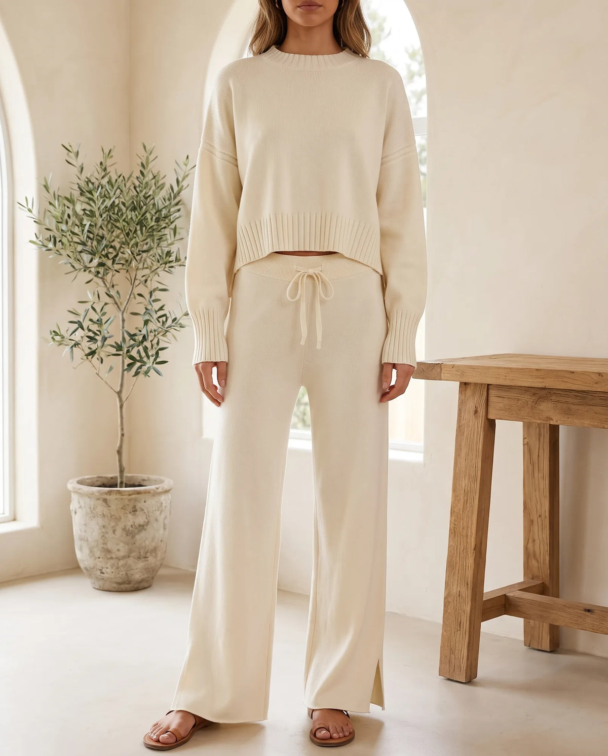 Lyra Knit Sweater & Wide Leg Pants Set – Cream — front