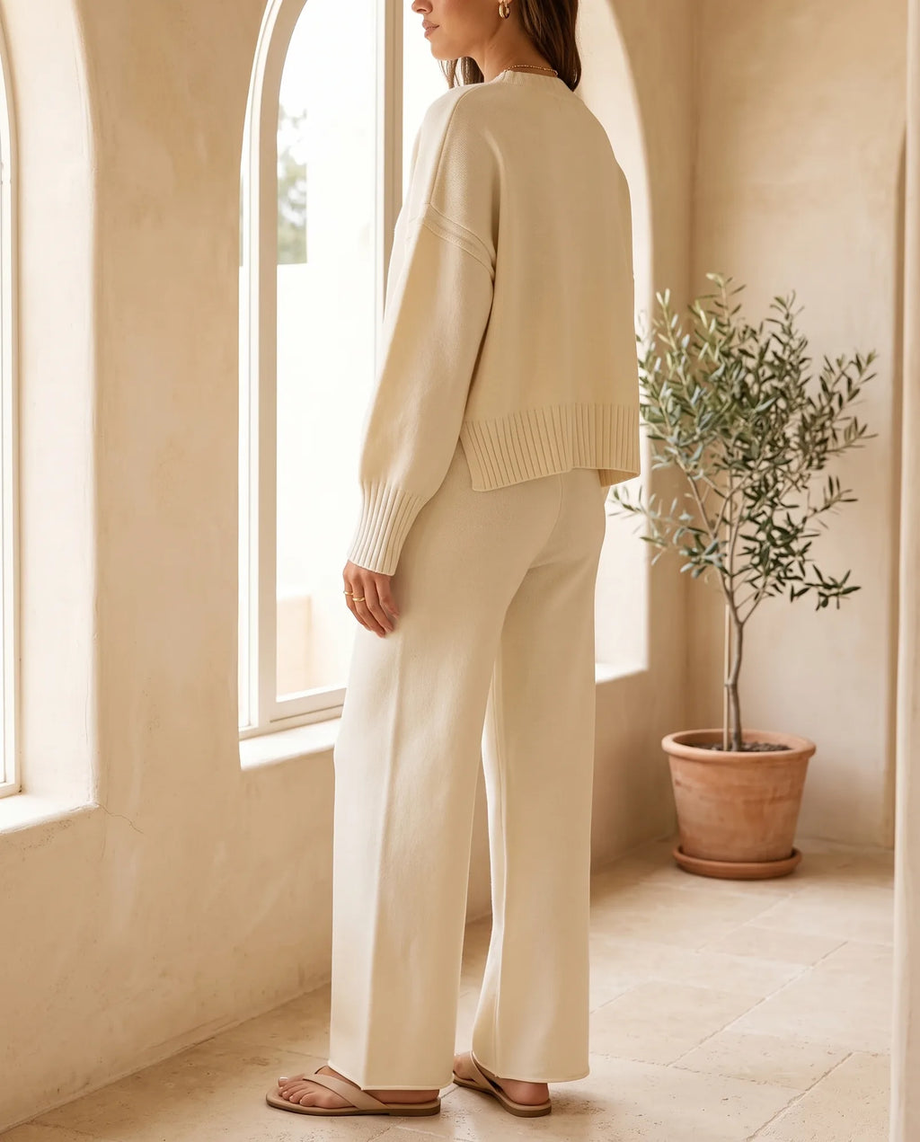 Lyra Knit Sweater & Wide Leg Pants Set – Cream — side