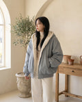 Poppy Oversized Hooded Bomber Jacket for Women – Dusty Blue — front