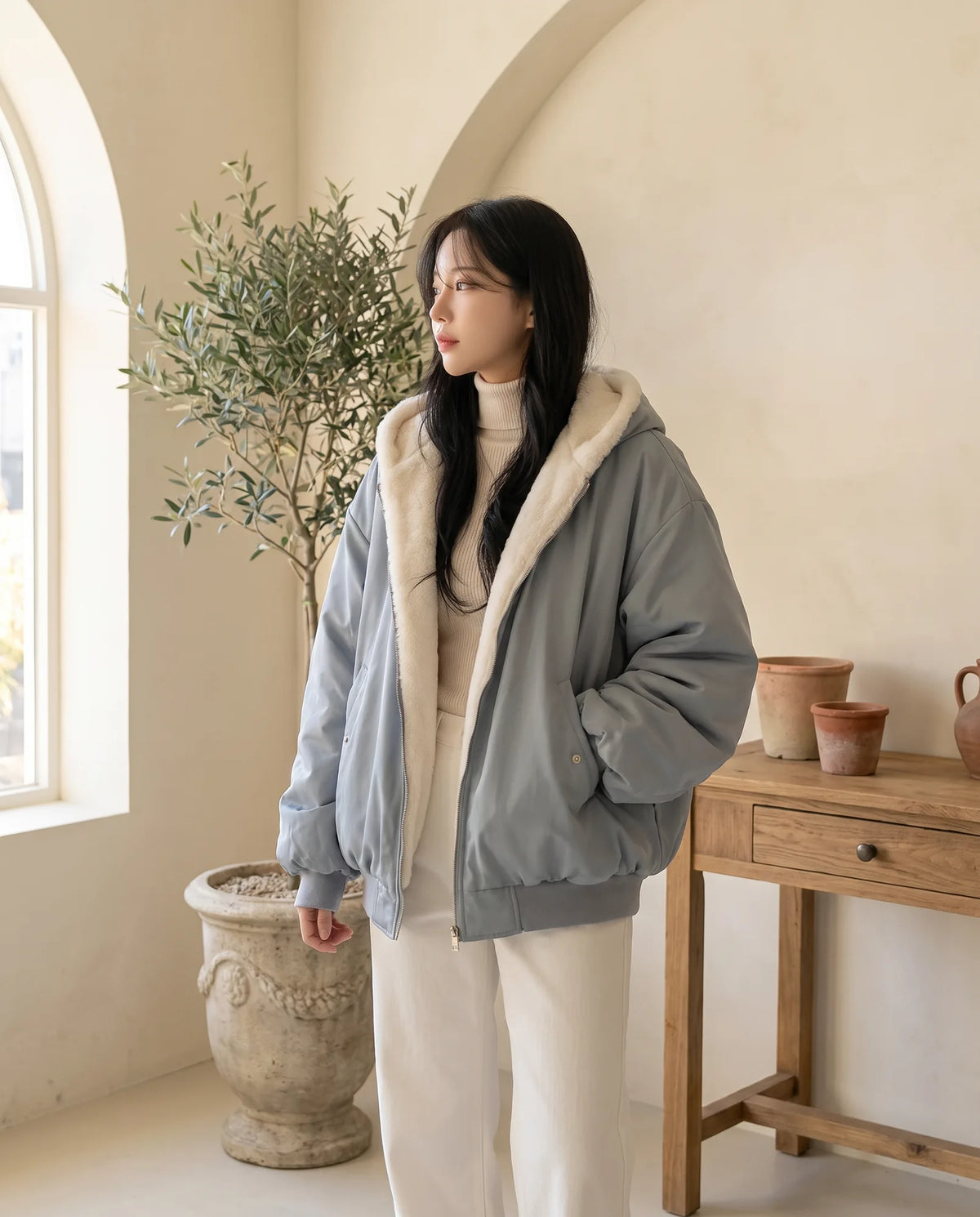 Poppy Oversized Hooded Bomber Jacket for Women – Dusty Blue — front