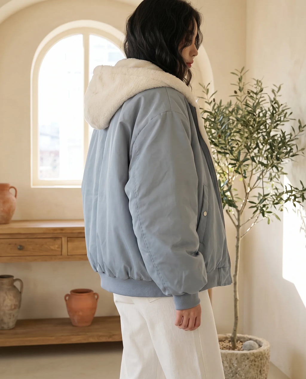 Poppy Oversized Hooded Bomber Jacket for Women – Dusty Blue — side