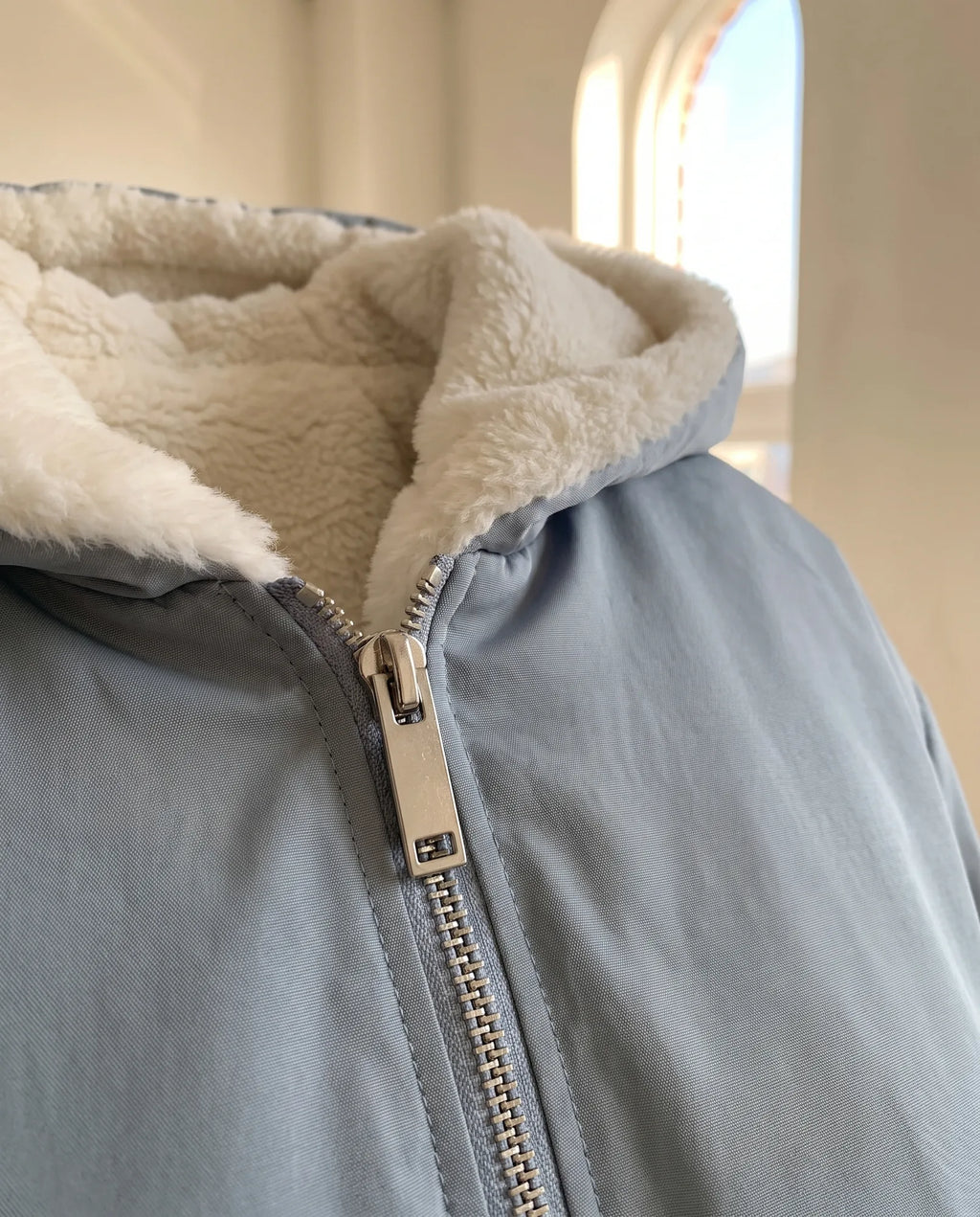 Poppy Oversized Hooded Bomber Jacket for Women – Dusty Blue — detail