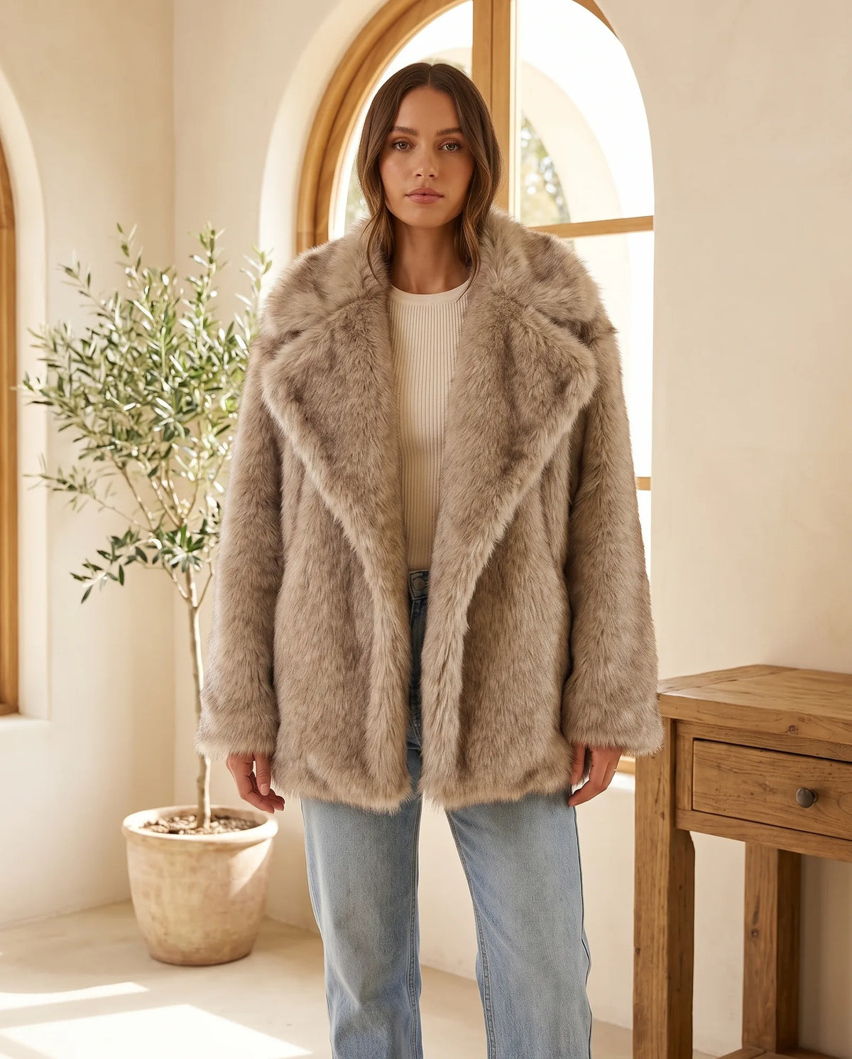 Fleur Plush Fluffy Winter Coat for Women – Taupe — front