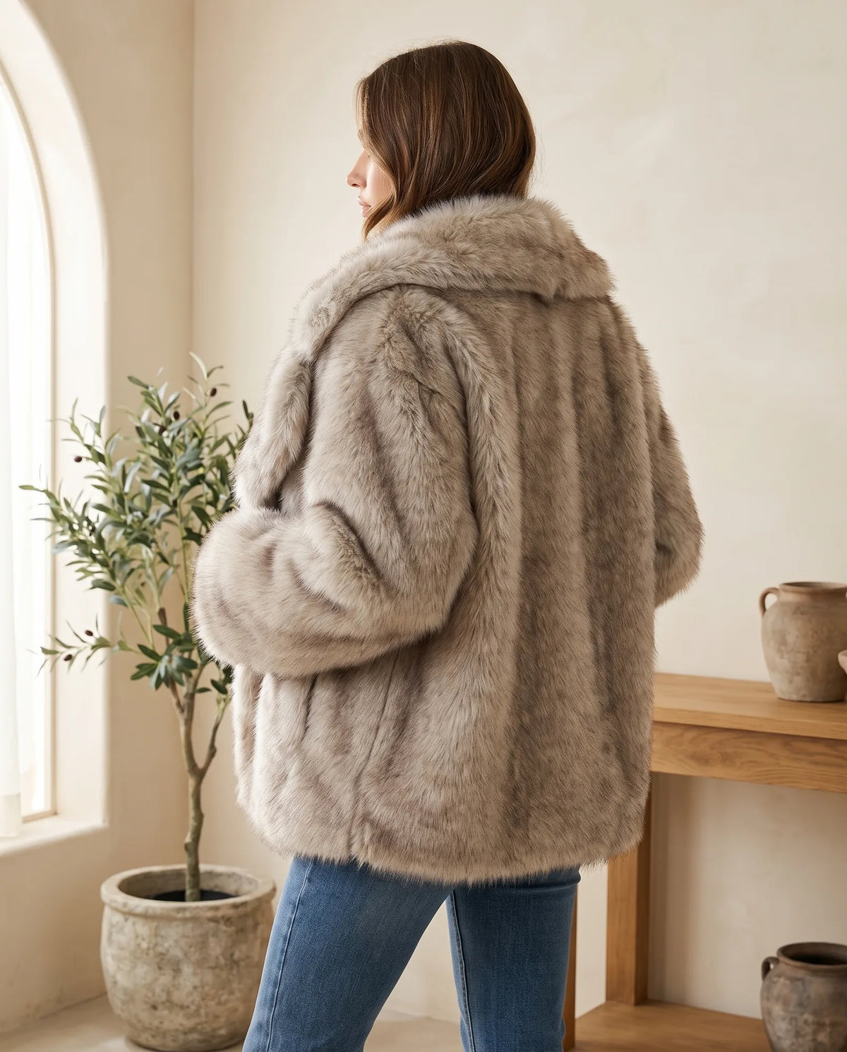 Fleur Plush Fluffy Winter Coat for Women – Taupe — side