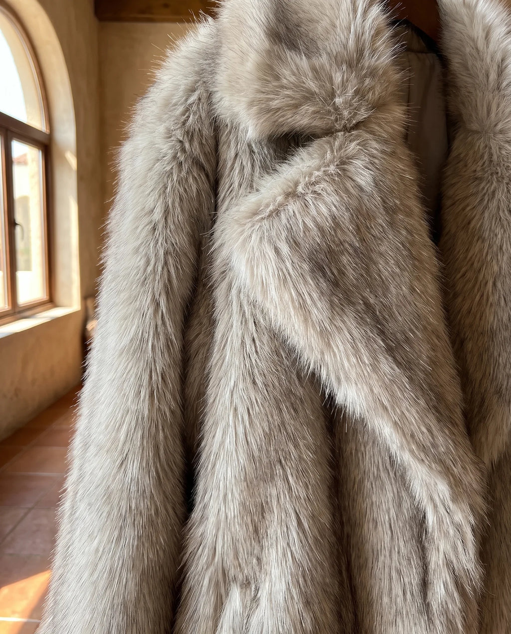 Fleur Plush Fluffy Winter Coat for Women – Taupe — detail