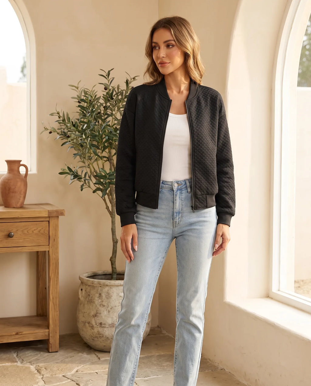Etta Quilted Bomber Jacket for Women – Black — front