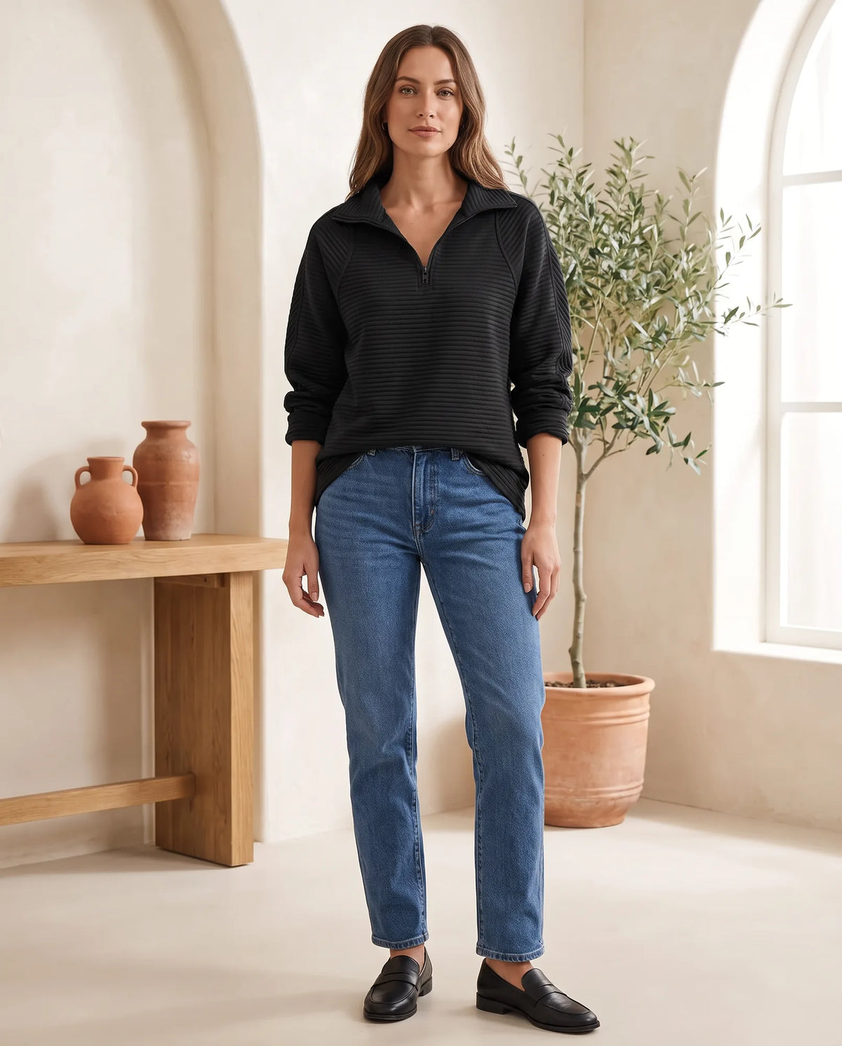 Quarter Zip Sweater for Women - Ribbed Knit Stand Collar Pullover in Black