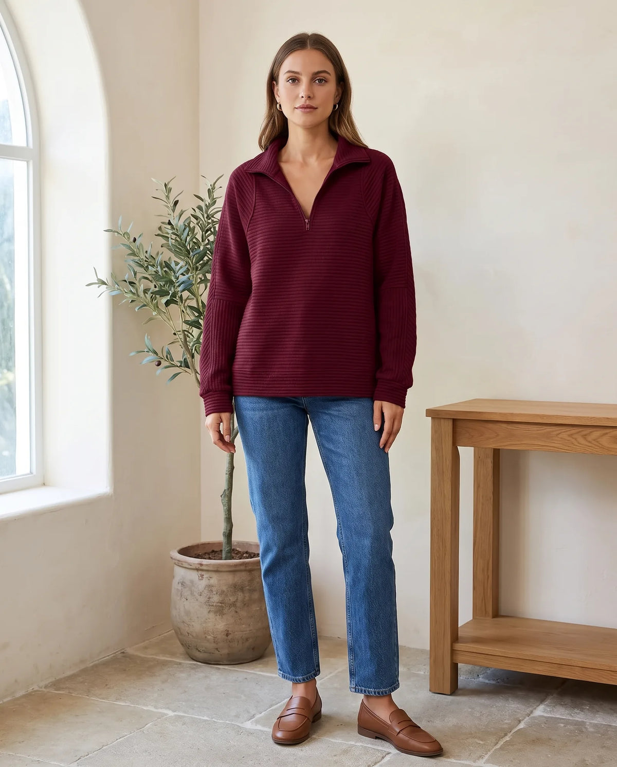 Quarter Zip Sweater for Women - Ribbed Knit Stand Collar Pullover in Burgundy