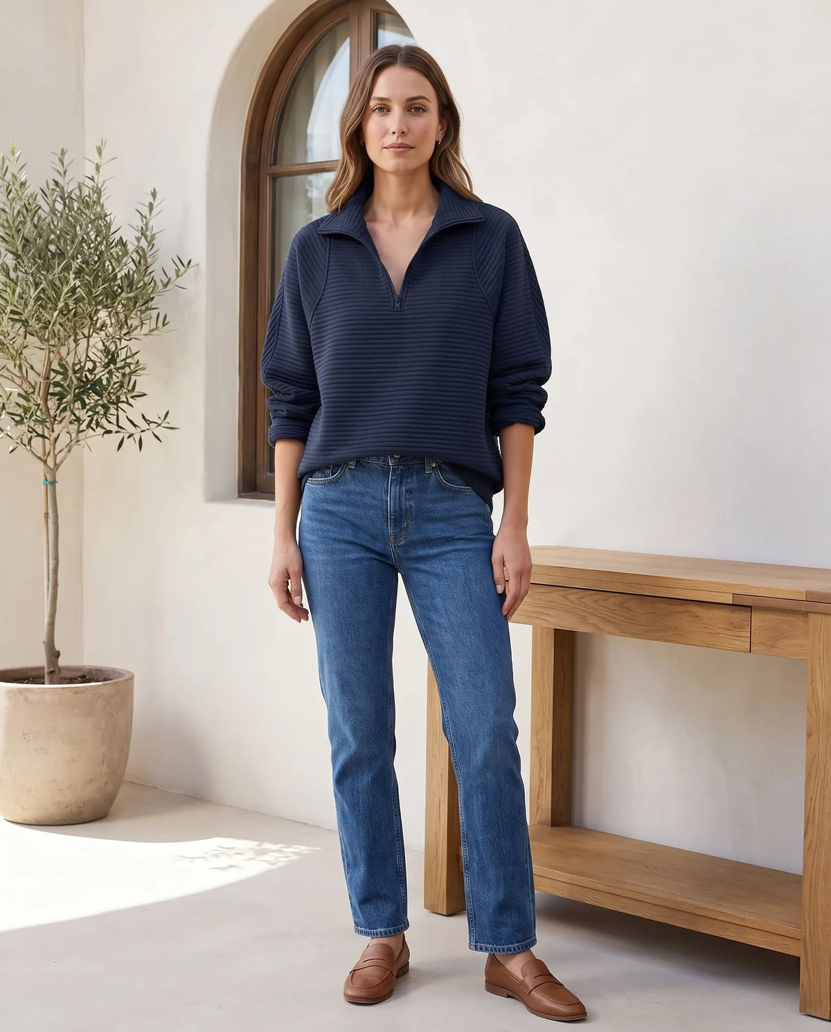 Quarter Zip Sweater for Women - Ribbed Knit Stand Collar Pullover in Dark Blue