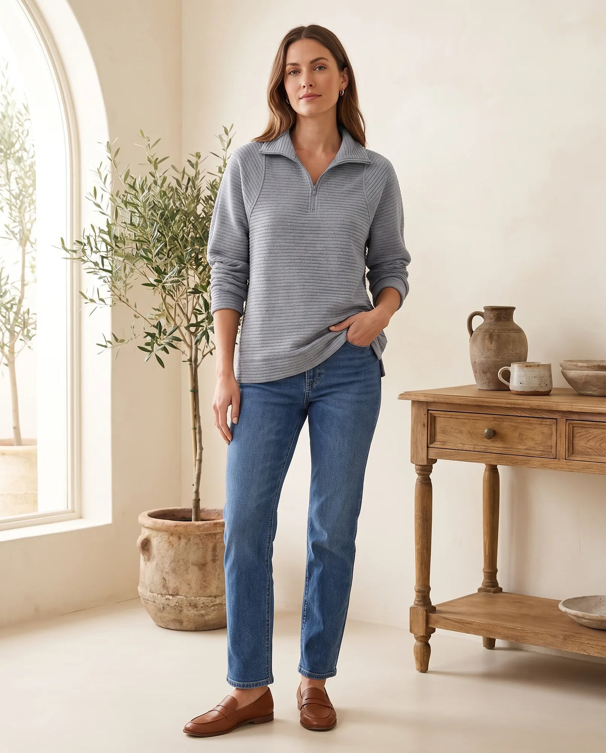 Quarter Zip Sweater for Women - Ribbed Knit Stand Collar Pullover in Grey