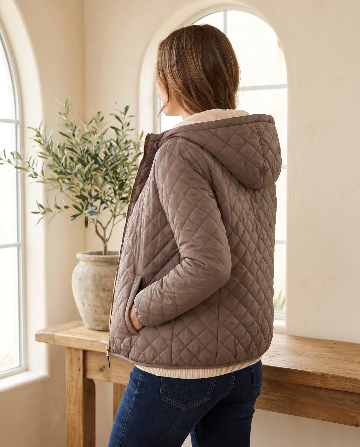 Freya Quilted Puffer Jacket for Women – Taupe — side