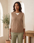 Georgia V-Neck Cable Knit Sweater Vest for Women – Tan — front