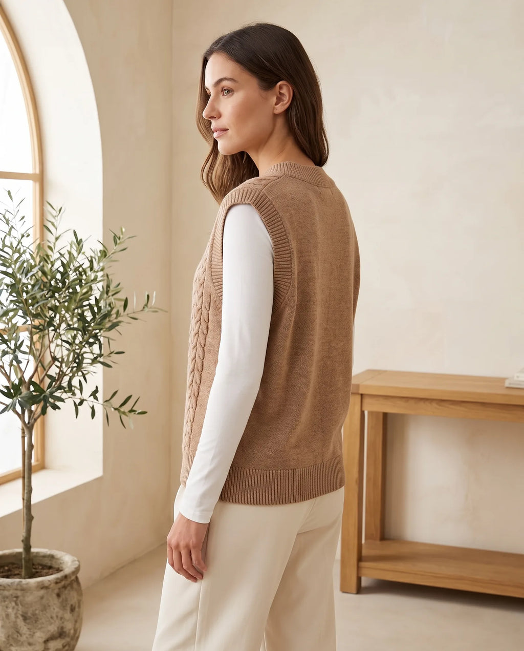 Georgia V-Neck Cable Knit Sweater Vest for Women – Tan — side