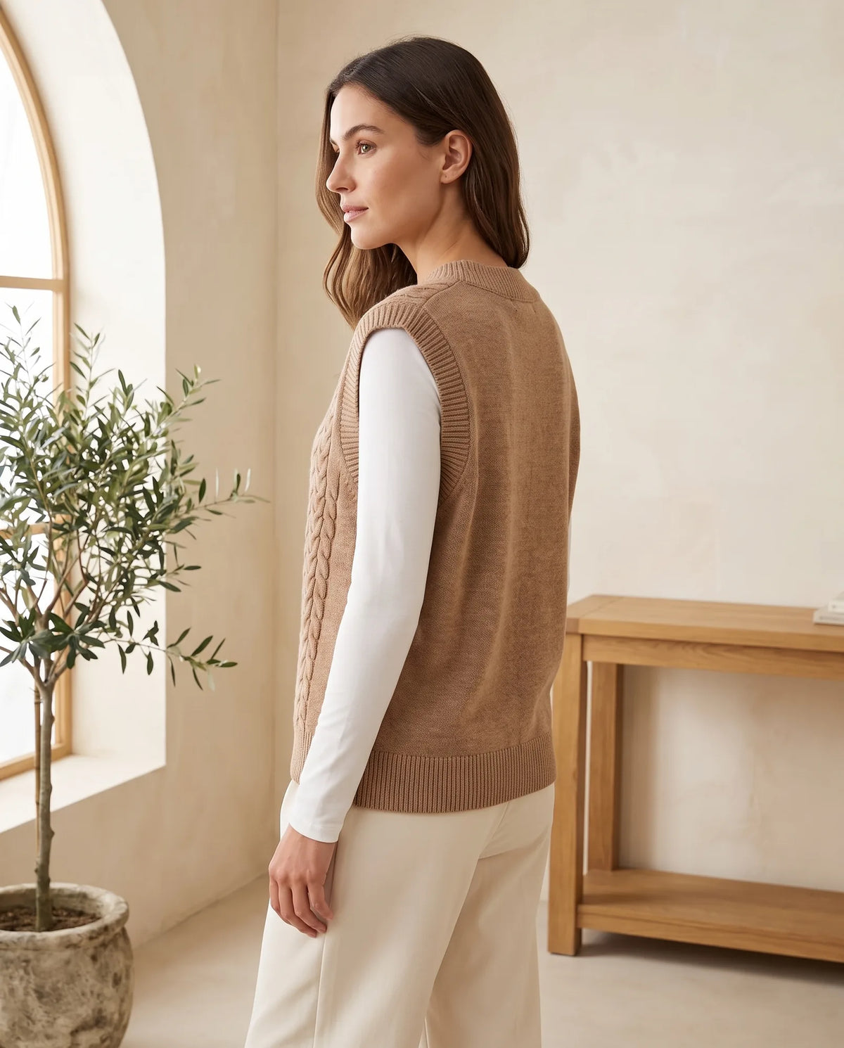 Georgia V-Neck Cable Knit Sweater Vest for Women – Tan — side