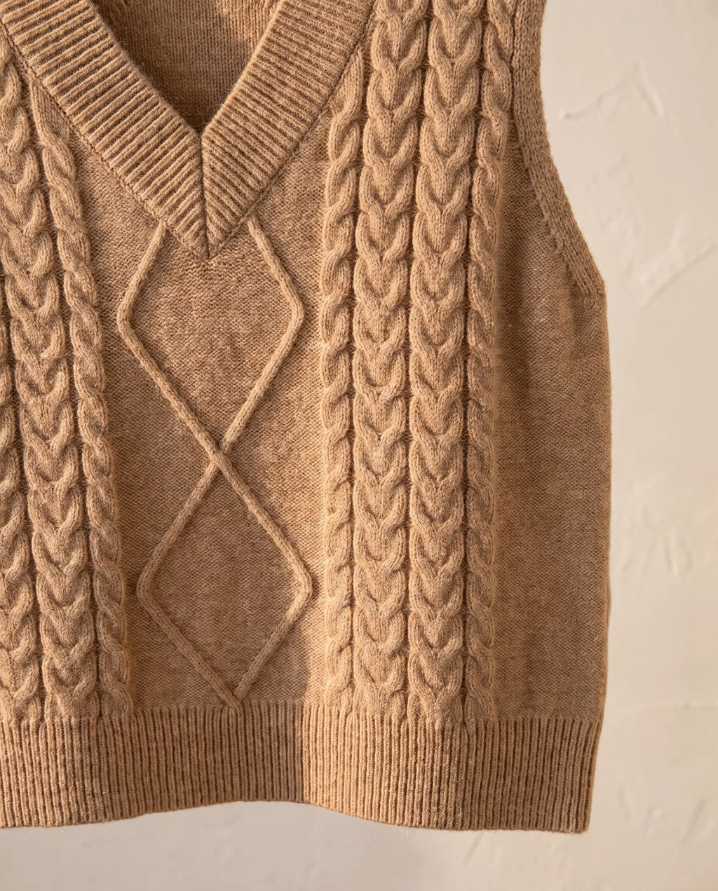 Georgia V-Neck Cable Knit Sweater Vest for Women – Tan — detail
