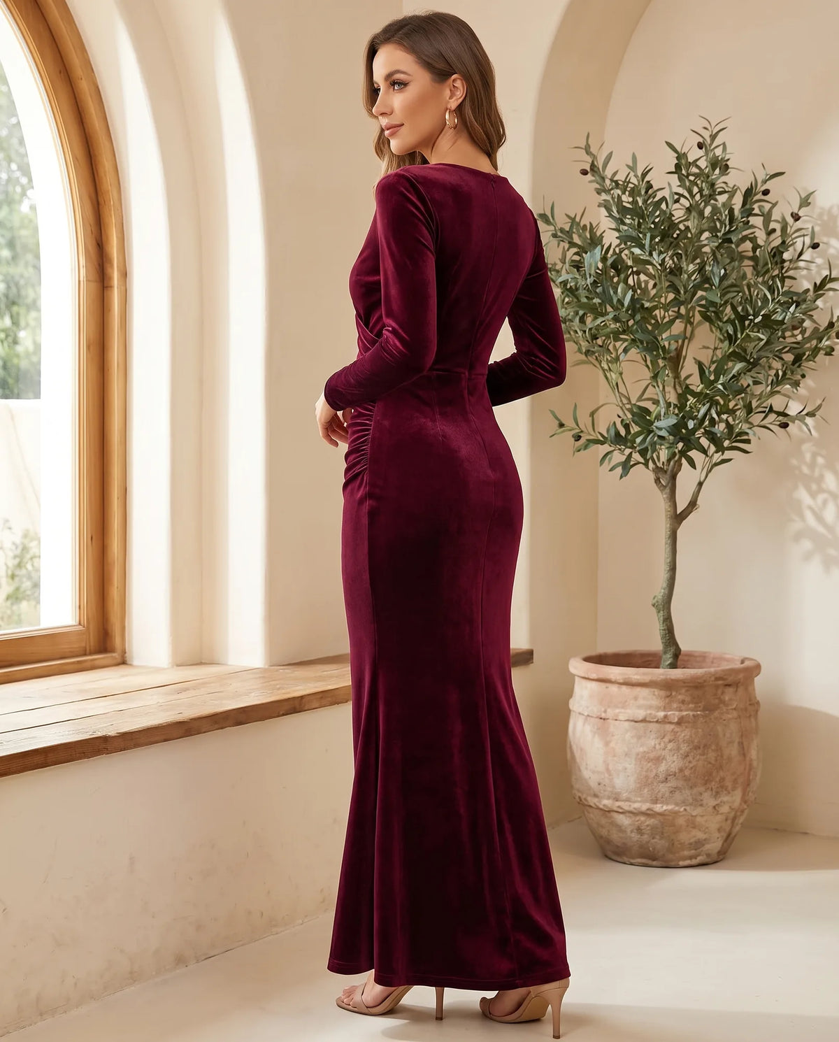 Genevieve Long Sleeve Cocktail Maxi Dress for Women – Wine — side
