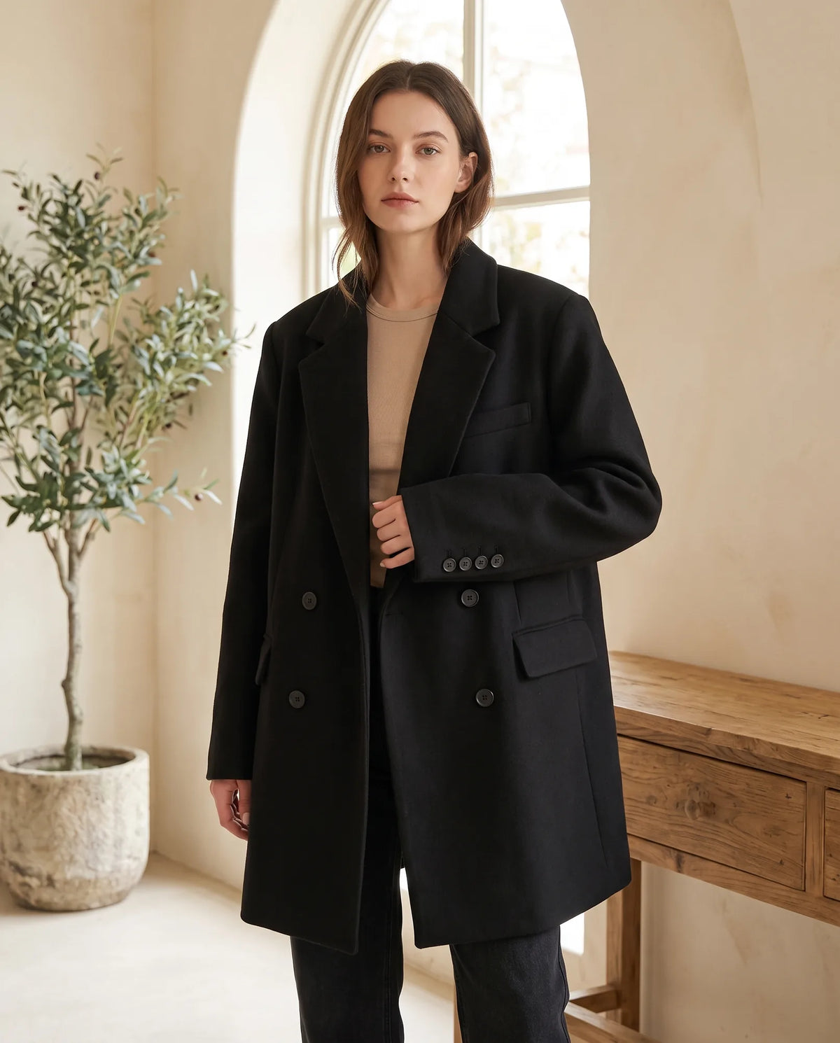 Greer Double-Breasted Winter Coat for Women – Black — front