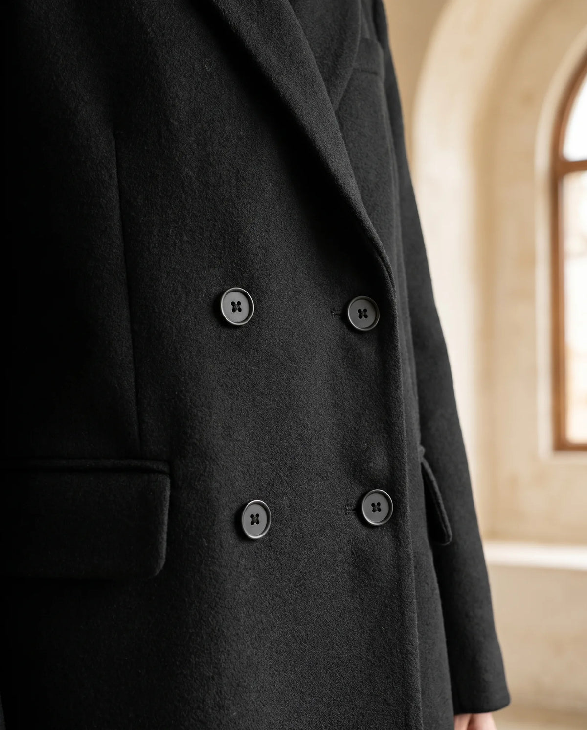 Greer Double-Breasted Winter Coat for Women – Black — detail