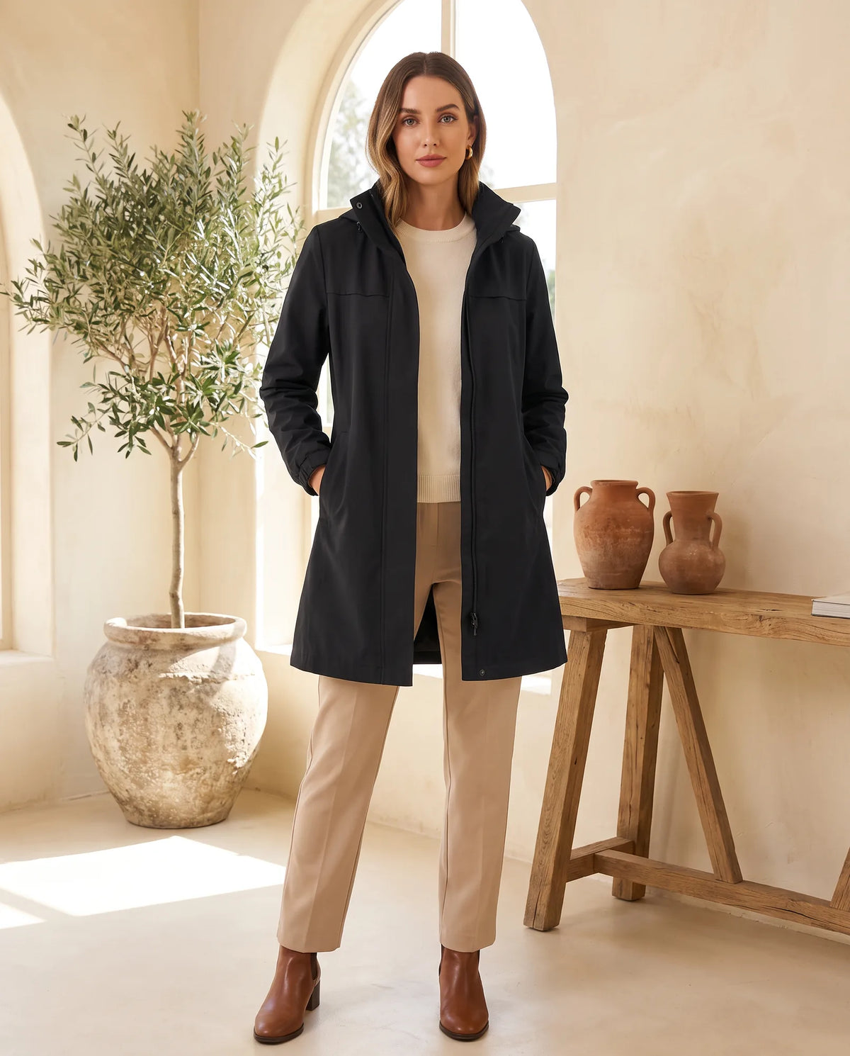 Harlow Hooded Slim Fit Trench Coat for Women – Black — front
