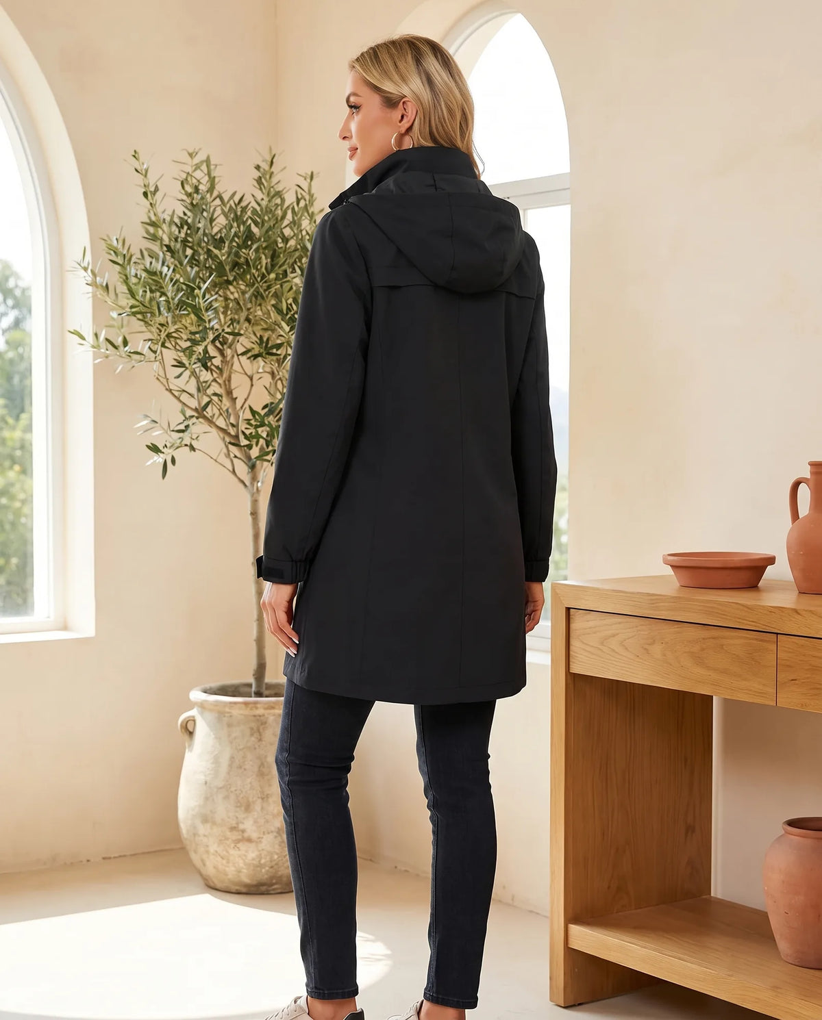 Harlow Hooded Slim Fit Trench Coat for Women – Black — side