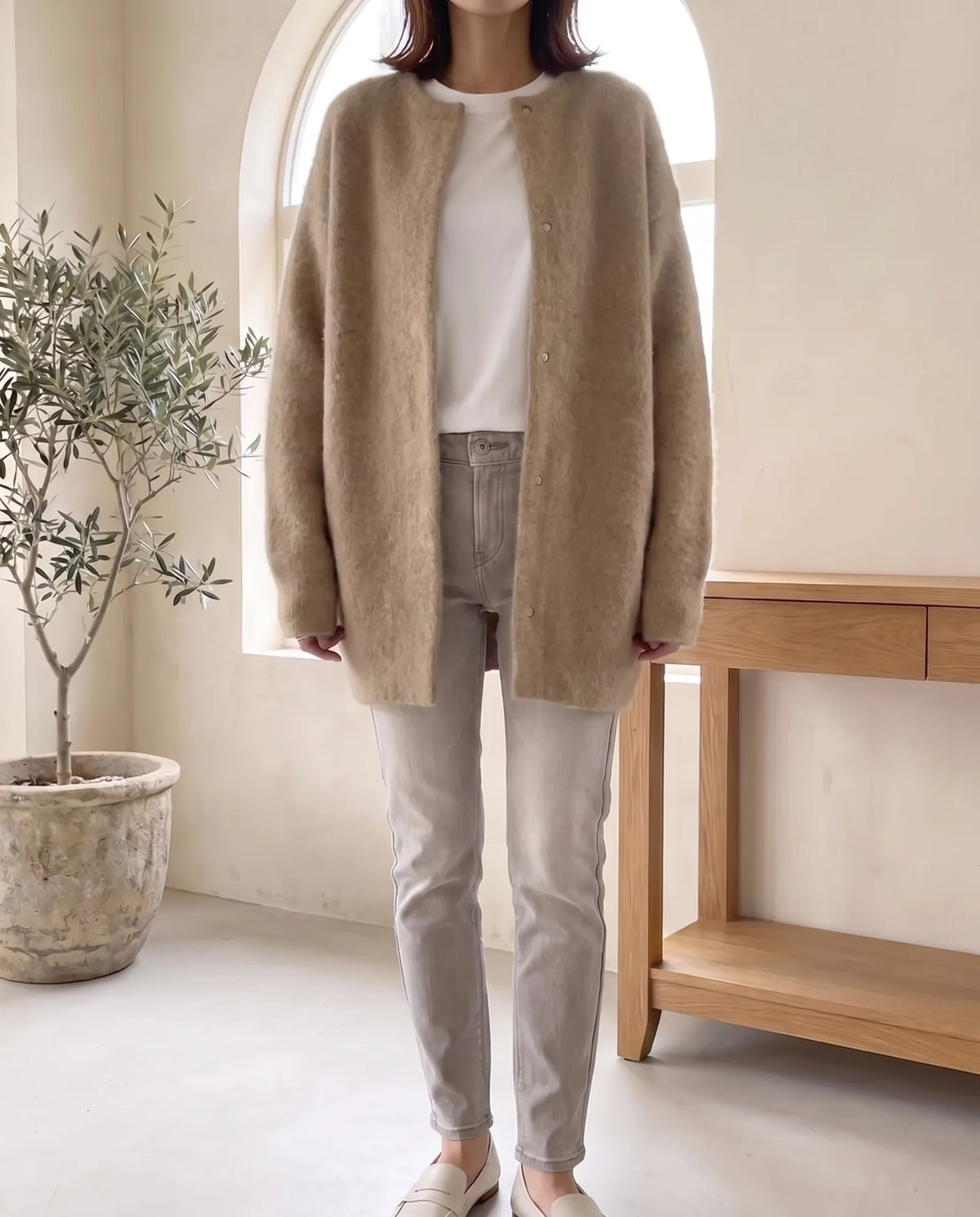 Wren Oversized Cardigan for Women - Fluffy Knit Snap Button Front in Beige