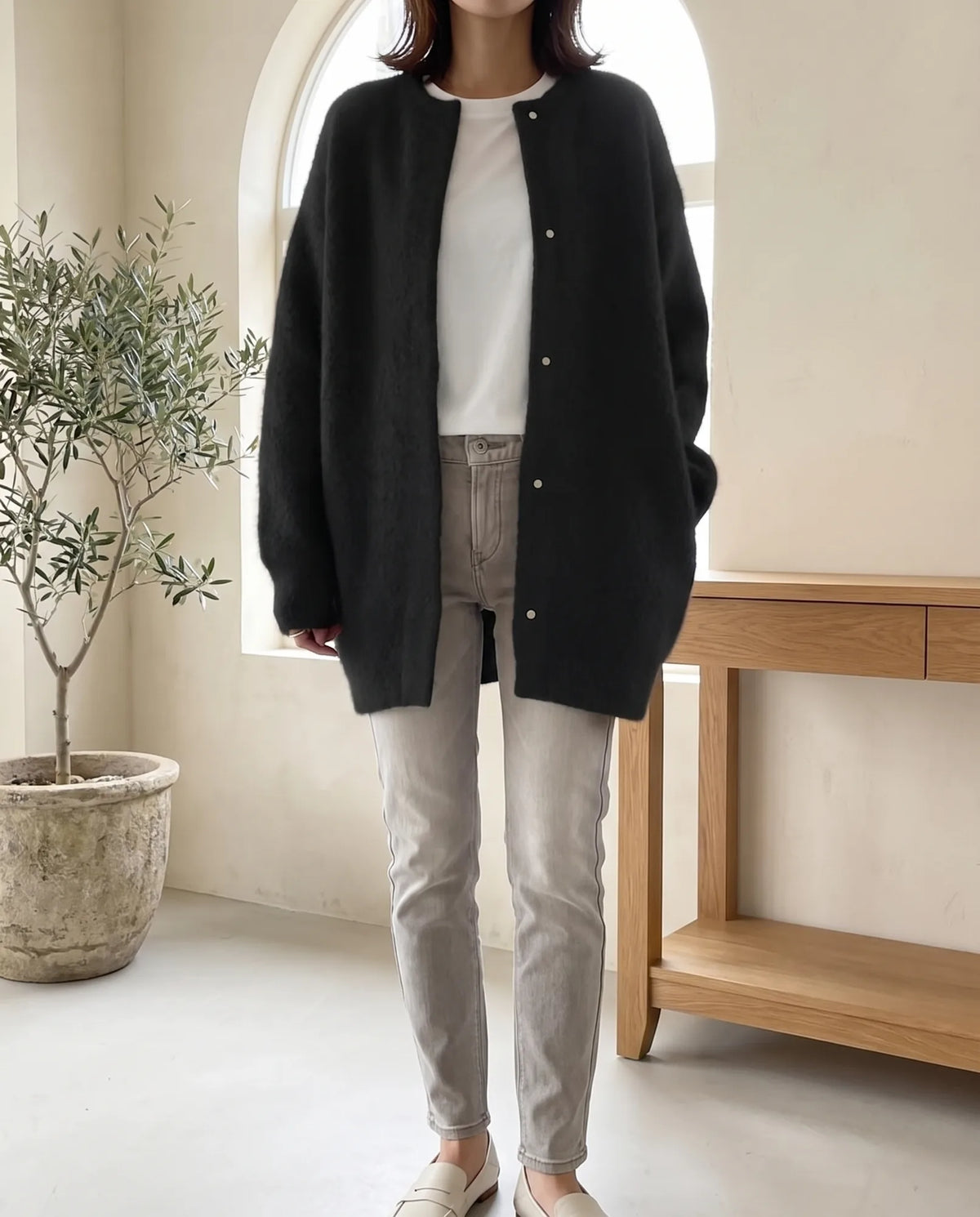 Wren Oversized Cardigan for Women - Fluffy Knit Snap Button Front in Black