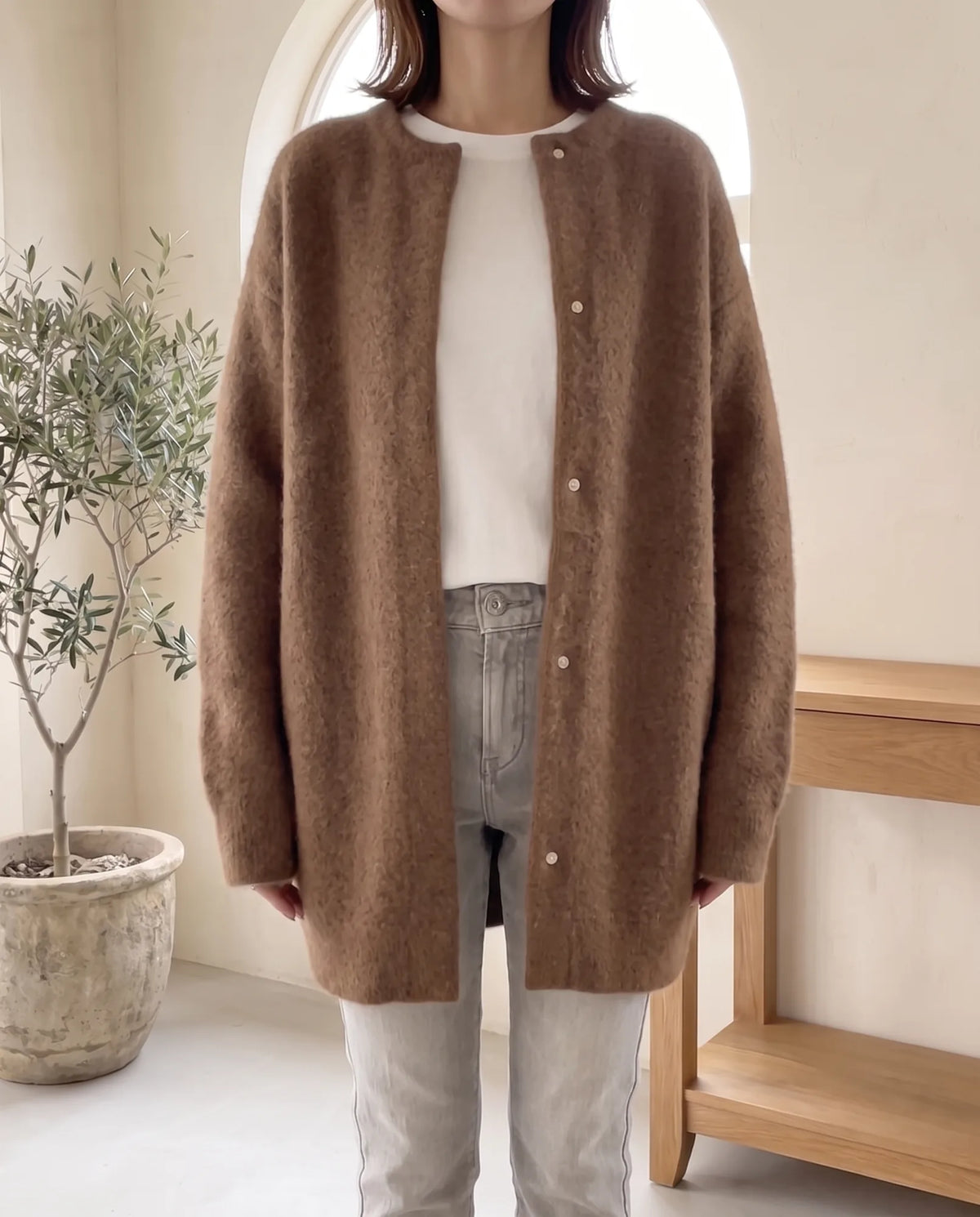 Wren Oversized Cardigan for Women - Fluffy Knit Snap Button Front in Dark Brown