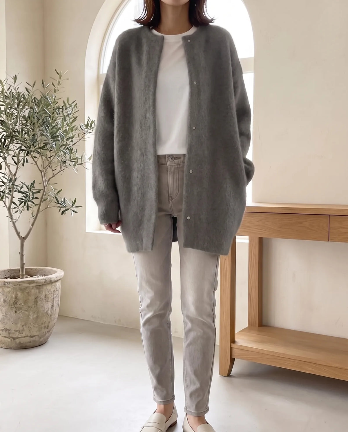 Wren Oversized Cardigan for Women - Fluffy Knit Snap Button Front in Grey