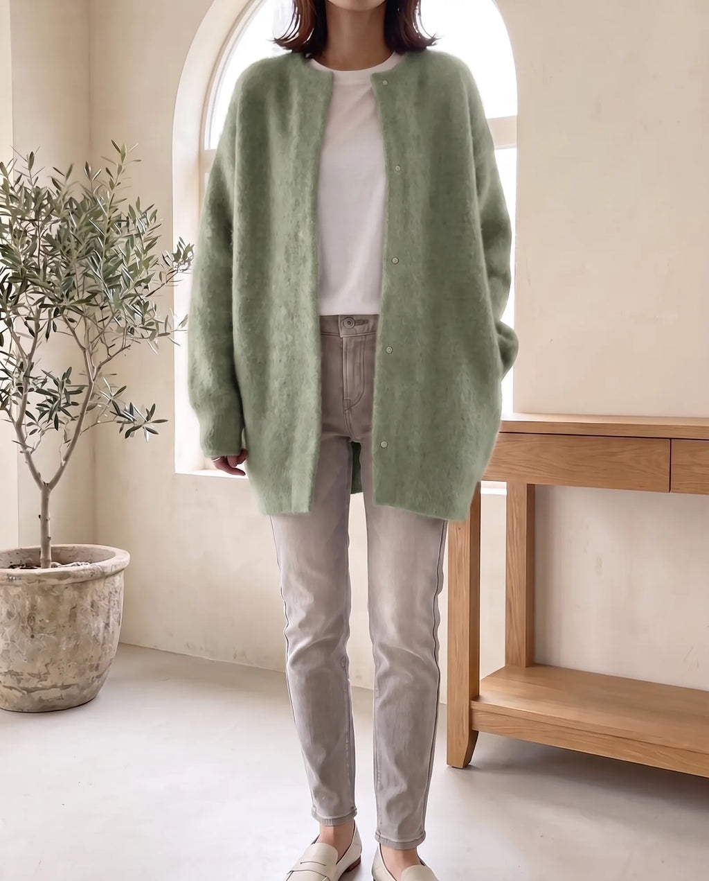 Wren Oversized Cardigan for Women - Fluffy Knit Snap Button Front in Sage Green