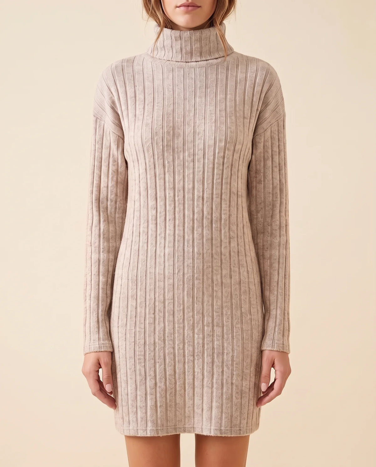 Ada Sweater Dress for Women - Ribbed Turtleneck Mini Long Sleeve - Apricot - front