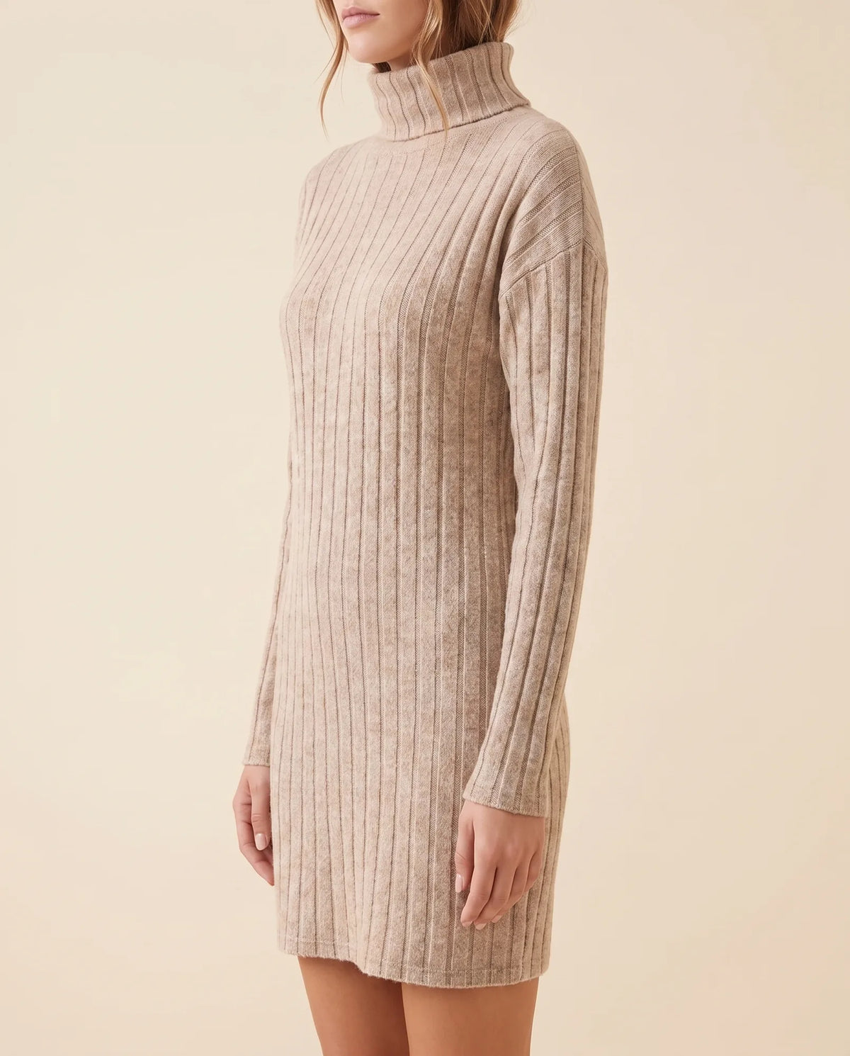 Ada Sweater Dress for Women - Ribbed Turtleneck Mini Long Sleeve - Apricot - side