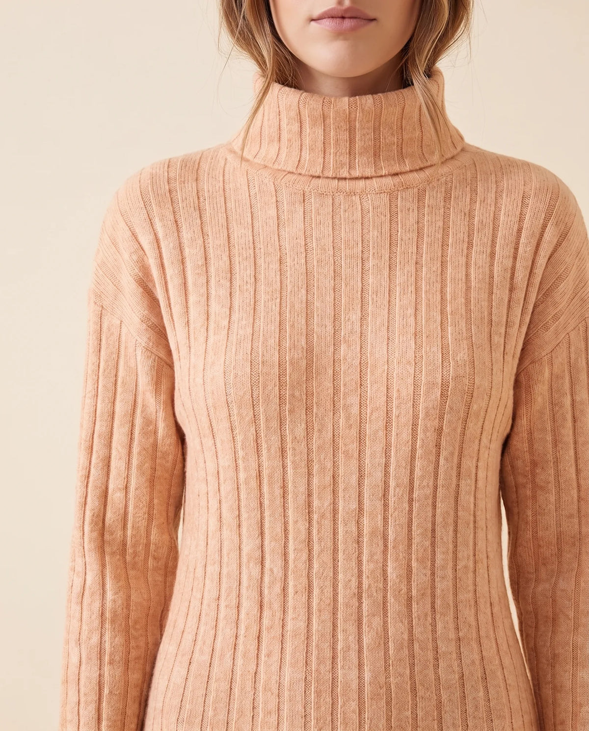Ada Sweater Dress for Women - Ribbed Turtleneck Mini Long Sleeve - Apricot - detail