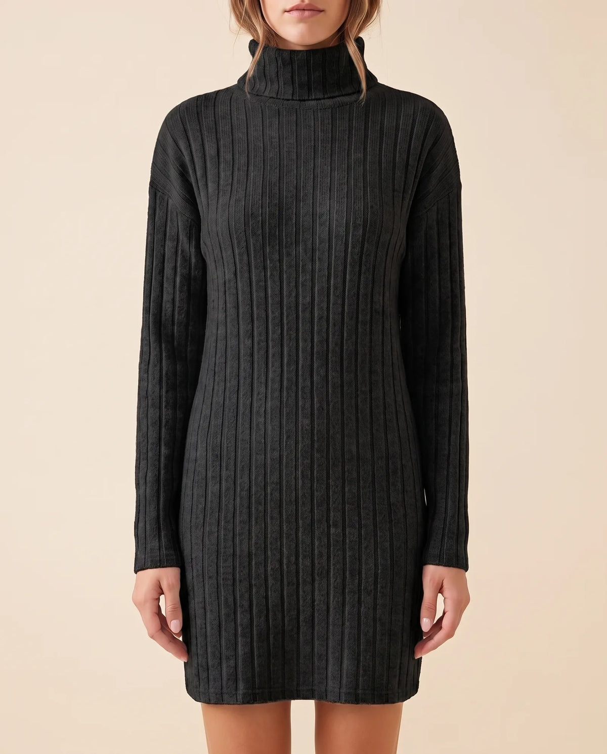 Ada Sweater Dress for Women - Ribbed Turtleneck Mini Long Sleeve - Black - front