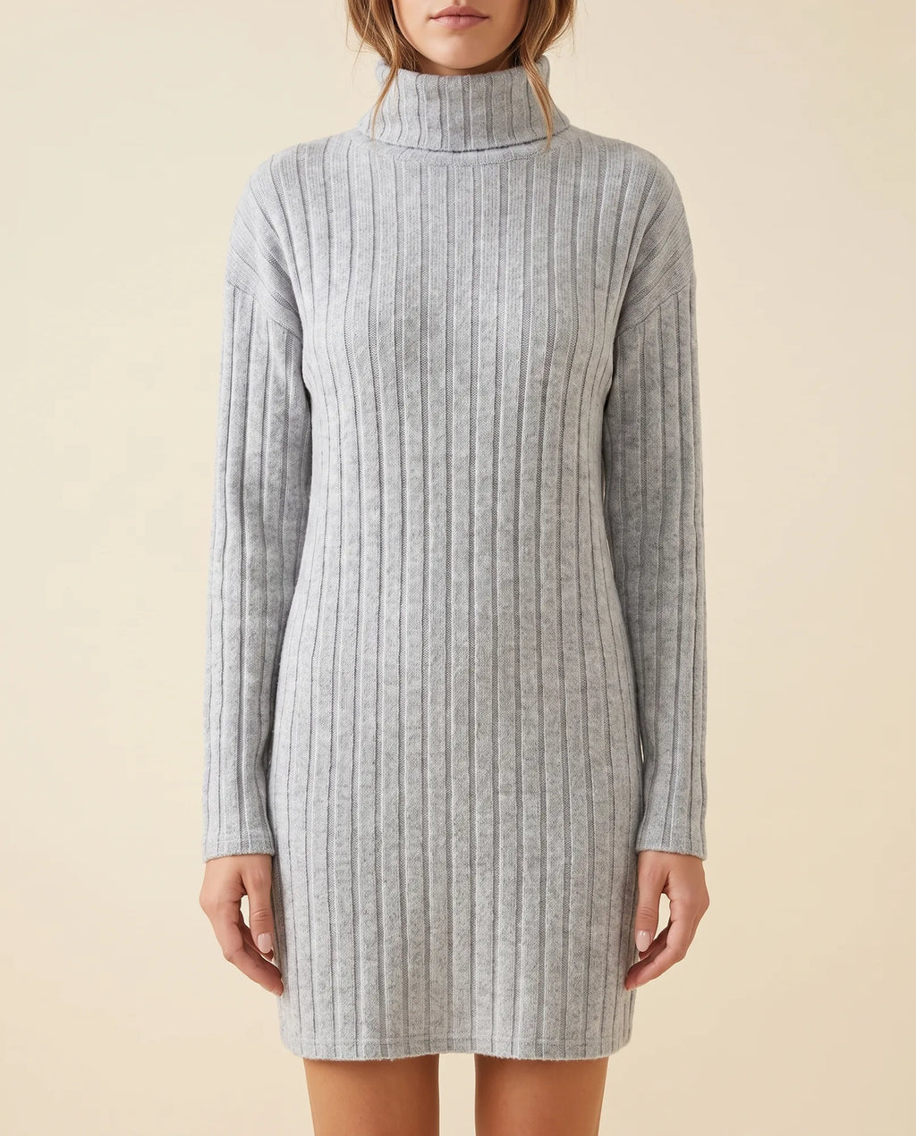 Ada Sweater Dress for Women - Ribbed Turtleneck Mini Long Sleeve - Light Grey - front