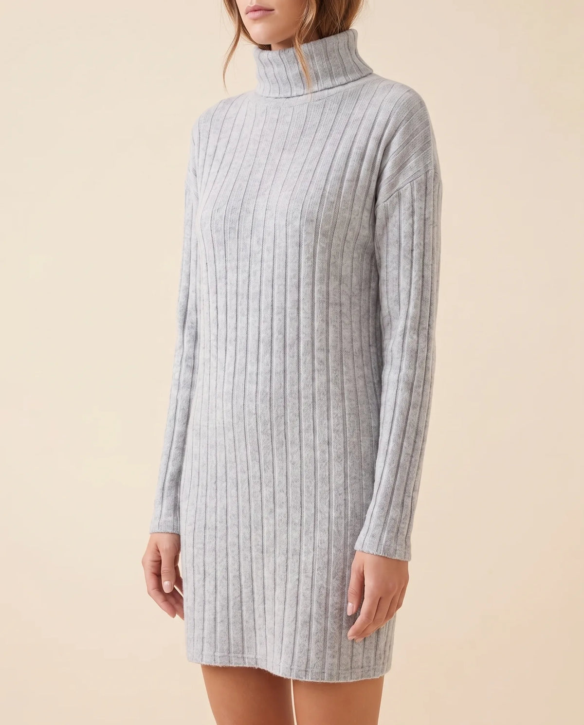 Ada Sweater Dress for Women - Ribbed Turtleneck Mini Long Sleeve - Light Grey - side