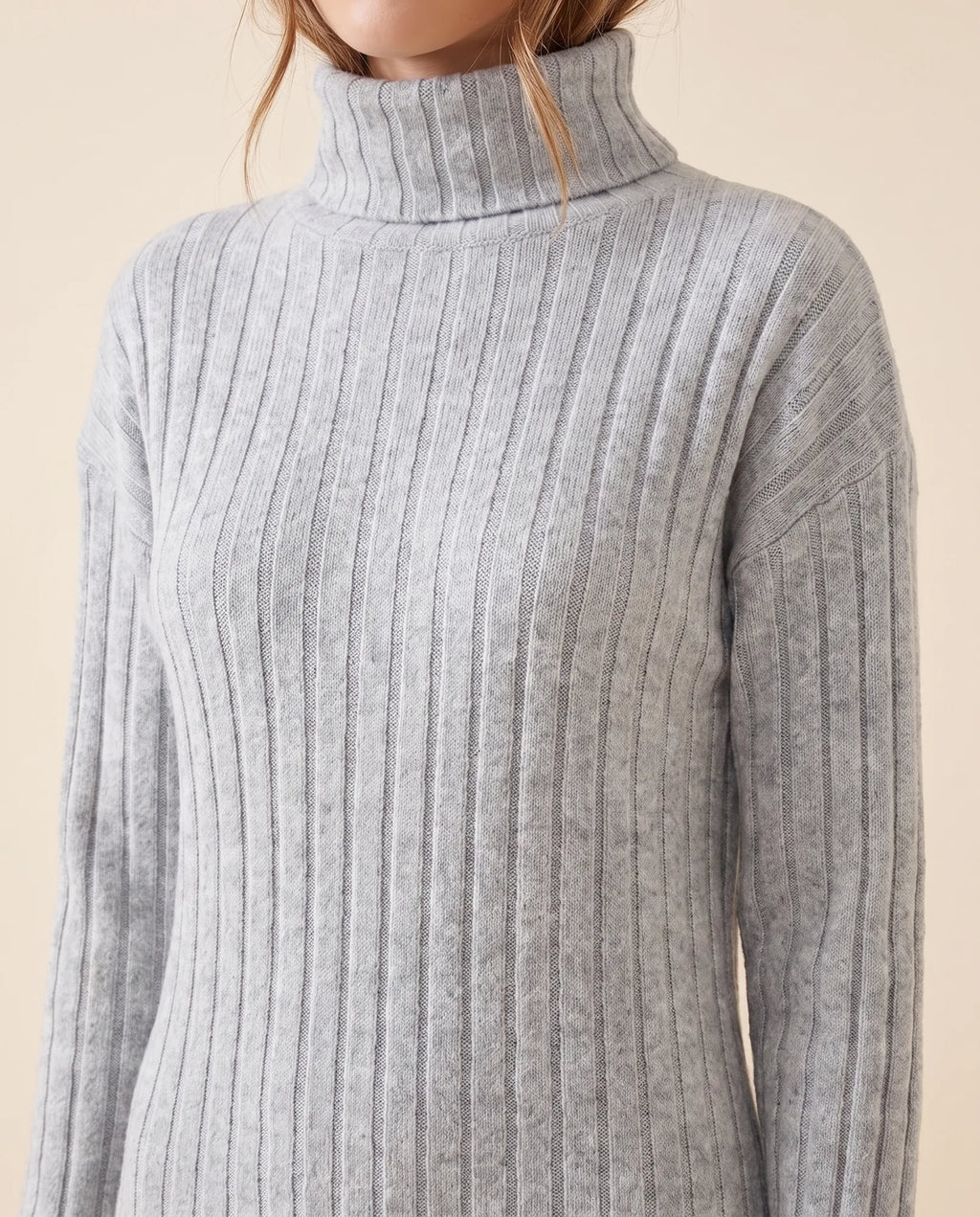 Ada Sweater Dress for Women - Ribbed Turtleneck Mini Long Sleeve - Light Grey - detail