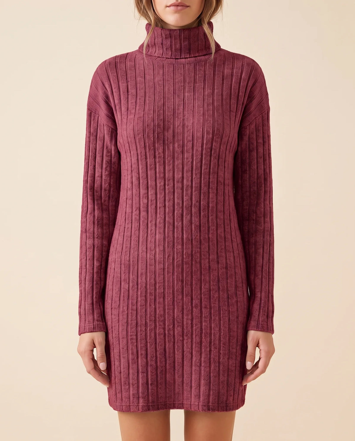 Ada Sweater Dress for Women - Ribbed Turtleneck Mini Long Sleeve - Wine - front