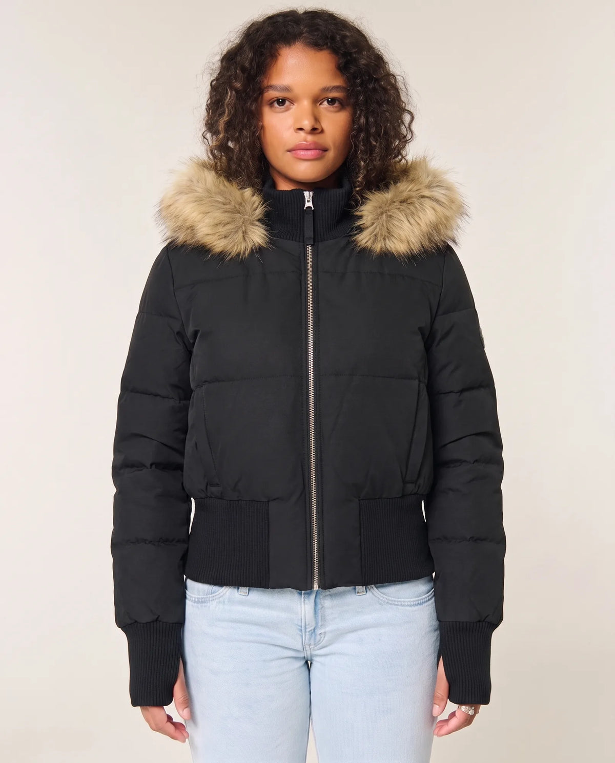 Blythe Puffer Jacket for Women - Cropped Hooded Zip-Up - Black - front