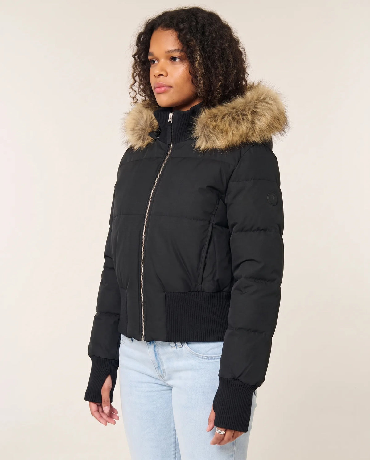 Blythe Puffer Jacket for Women - Cropped Hooded Zip-Up - Black - side