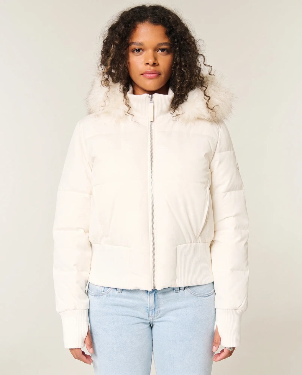 Blythe Puffer Jacket for Women - Cropped Hooded Zip-Up - White - front